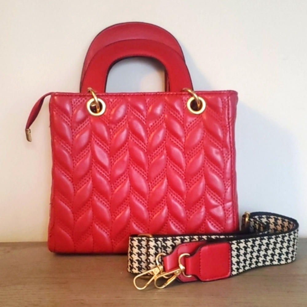 Red Quilted Handbag with Gold Accents